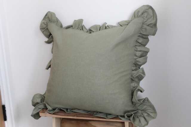 Green Ruffle Linen Cushion Cover 45x45cm With Duck Feather Insert, Sage Frilly Soft Pillow, Light Green Frill Country Style Cushions - image 1