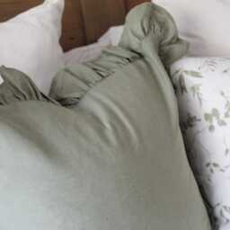 Green Ruffle Linen Cushion Cover 45x45cm With Duck Feather Insert, Sage Frilly Soft Pillow, Light Green Frill Country Style Cushions - thumbnail 3