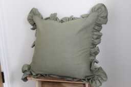 Green Ruffle Linen Cushion Cover 45x45cm With Duck Feather Insert, Sage Frilly Soft Pillow, Light Green Frill Country Style Cushions - thumbnail 1