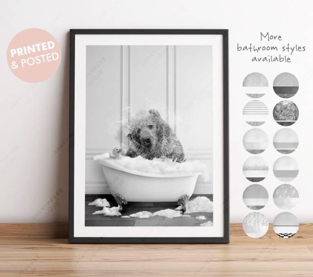 Black & White Bear Shaking Head in A Bath Print, Bathing, Funny Bathroom Animal Bathtub, Tub Whimsy - image 1