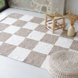 Checkerboard Camel & White 5x7 Rug , Living Room Rug, Check Area Nursery Bohemian Ethnic Bedroom Rug - thumbnail 2