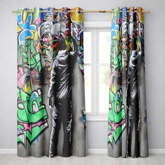 Graffiti Artist Painting Colourful Cartoon Mural Unique Artwork For Bedroom Decor Readymade Eyelet Ring Top Thermal 100% Blackout Curtains - image 1