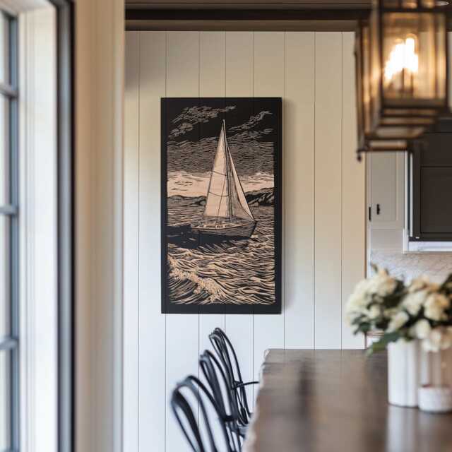 Sailboat Scene Engraved Birch Wood Panel - Block Print Inspired Marine Wall Art, Nature Lovers Illustration Print, Coastal Home Decor Gift - image 1