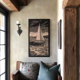 Sailboat Scene Engraved Birch Wood Panel - Block Print Inspired Marine Wall Art, Nature Lovers Illustration Print, Coastal Home Decor Gift - thumbnail 3