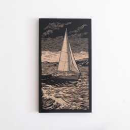 Sailboat Scene Engraved Birch Wood Panel - Block Print Inspired Marine Wall Art, Nature Lovers Illustration Print, Coastal Home Decor Gift - thumbnail 2