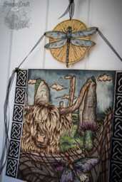 Whimsical Scottish Highland Cow Celtic Rustic Wooden Handmade Woodburned Scotland Home Decor Art - thumbnail 1