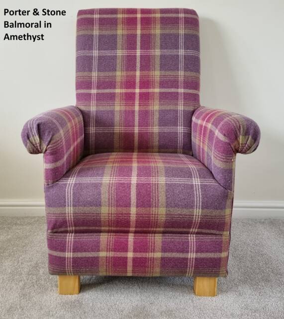 Handcrafted Adult Tartan Check Armchair Porter & Stone Balmoral Fabric Chair Purple Grey Blue Ochre Scottish Gingham Red Small Nursery Pink - image 1