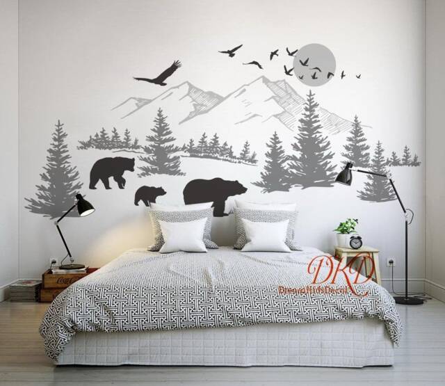 Wall Decal Sticker-Mountain Landscape With Bear Family, Pine Tree Wall Art For Nursery - image 1