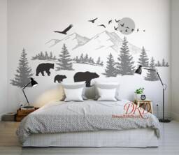 Wall Decal Sticker-Mountain Landscape With Bear Family, Pine Tree Wall Art For Nursery