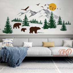Wall Decal Sticker-Mountain Landscape With Bear Family, Pine Tree Wall Art For Nursery - thumbnail 2