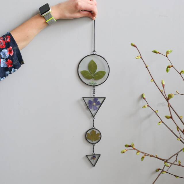 Pressed Plants & Flowers Boho Wall Art Hanging On Chain, Dried Herbarium in Stained Glass Frames, Geometric Botanical Wedding Home Decor - image 1