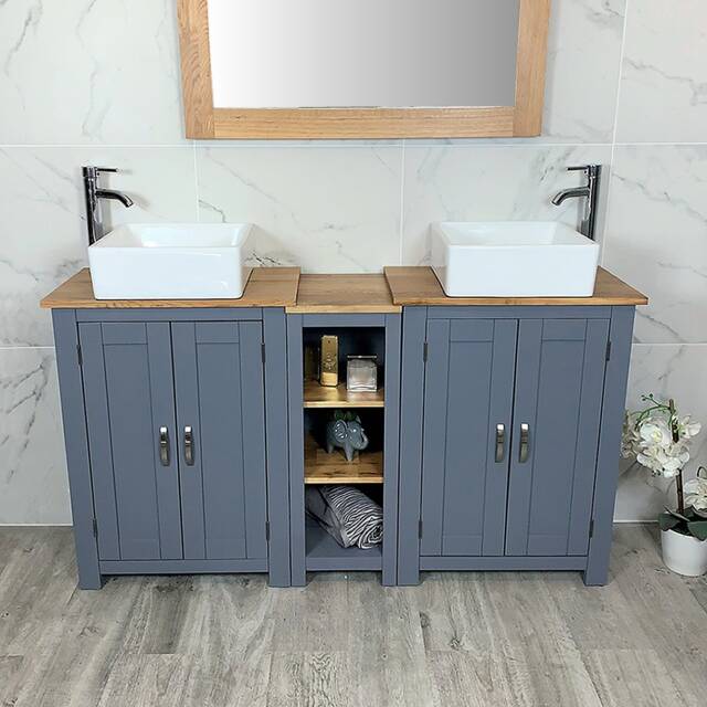 Bathroom Vanity Unit - Sink Washstand Slimline Grey Painted With Oak Worktop & Sit On Basins Taps Plugs Included - image 1