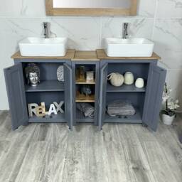 Bathroom Vanity Unit - Sink Washstand Slimline Grey Painted With Oak Worktop & Sit On Basins Taps Plugs Included - thumbnail 2