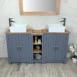 Bathroom Vanity Unit - Sink Washstand Slimline Grey Painted With Oak Worktop & Sit On Basins Taps Plugs Included - thumbnail 1