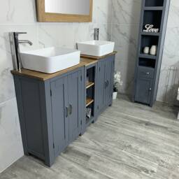 Bathroom Vanity Unit - Sink Washstand Slimline Grey Painted With Oak Worktop & Sit On Basins Taps Plugs Included - thumbnail 3