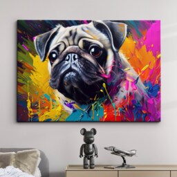 Pug Puppy Dog Animal Abstract Oil Painting Splatter Dripping Style Wall Art, Framed Canvas Poster Print, Home Kitchen Office Room Decor - thumbnail 1