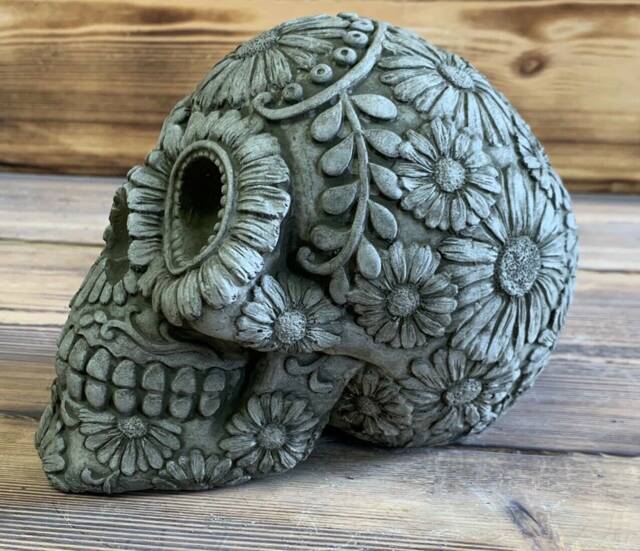 Stone Garden Large Flower Skull Gothic Human Head Ornament Statue - image 1