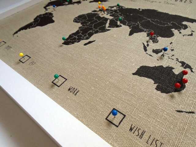 World Map Wall Art, Push Pin Map, Cotton Or Linen Anniversary Gift, Custom Travel Decor, Second 4 Year - image 1