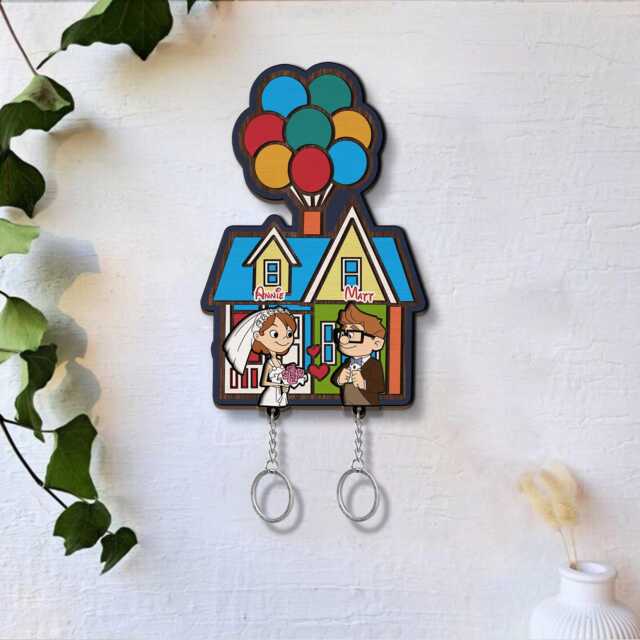 Personalized Couple Wedding Keychain Holder, Engraved Up House Keychain, Customized Husband & Wife Key, Anniversary Gift - image 1