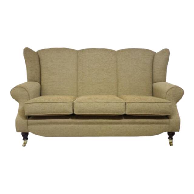Wingback Queen Anne Sofa Golden Brown Basketweave, Brass Castor Legs - image 1