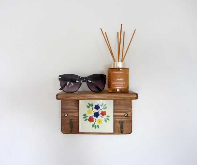 Floral Hand Painted Mexican Tile Key Holder With Shelf - Reclaimed Wood - image 1