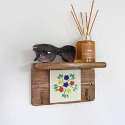 Floral Hand Painted Mexican Tile Key Holder With Shelf - Reclaimed Wood - thumbnail 3