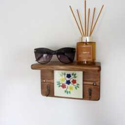 Floral Hand Painted Mexican Tile Key Holder With Shelf - Reclaimed Wood - thumbnail 2
