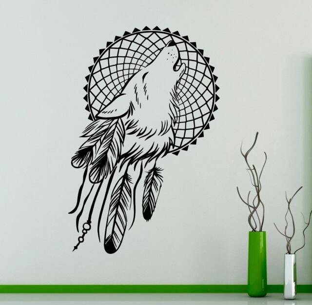 Wolf & Feathers Wall Vinyl Decal Dreamcatcher Sticker Sleep Symbol Home Interior Bedroom Removable Decor Graphics 23(Na - image 1