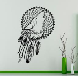 Wolf & Feathers Wall Vinyl Decal Dreamcatcher Sticker Sleep Symbol Home Interior Bedroom Removable Decor Graphics 23(Na - thumbnail 1