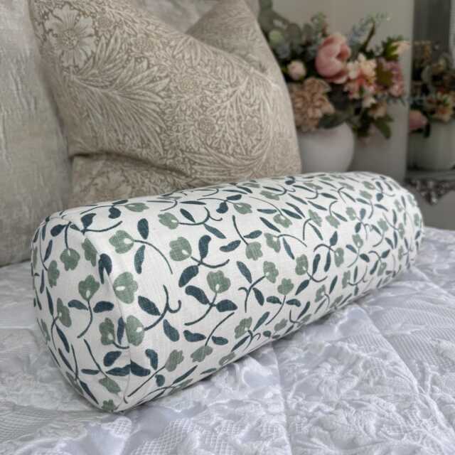 "Dainty Floral Design Cushion, Cotton Pillow For Sofa Or Bed, Blue Green Cushion 16"" X 6" - image 1