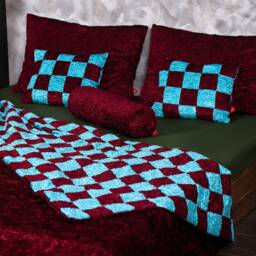 Luxury Faux Fur Bed Set - Garnet & Aquamarine Patchwork - thumbnail 2