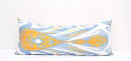 Handloom Ikat Body Pillow Cover, Sky Blue Yellow Lumbar - thumbnail 1