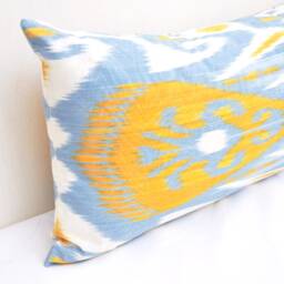 Handloom Ikat Body Pillow Cover, Sky Blue Yellow Lumbar - thumbnail 2