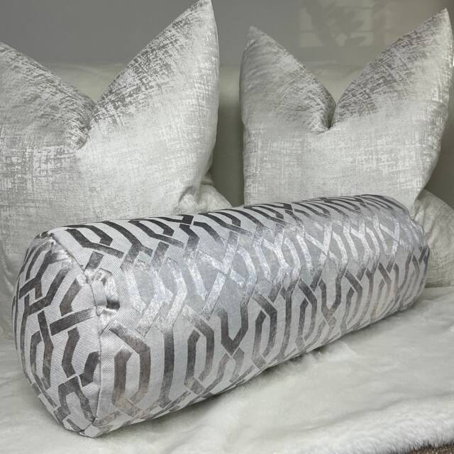 "Scatter Bed Cushion, Geometric Silver Grey Bolster Cushion For Sofa Or Bed, Decorative Accent Pillow, Modern Design 16"" X 6" - image 1