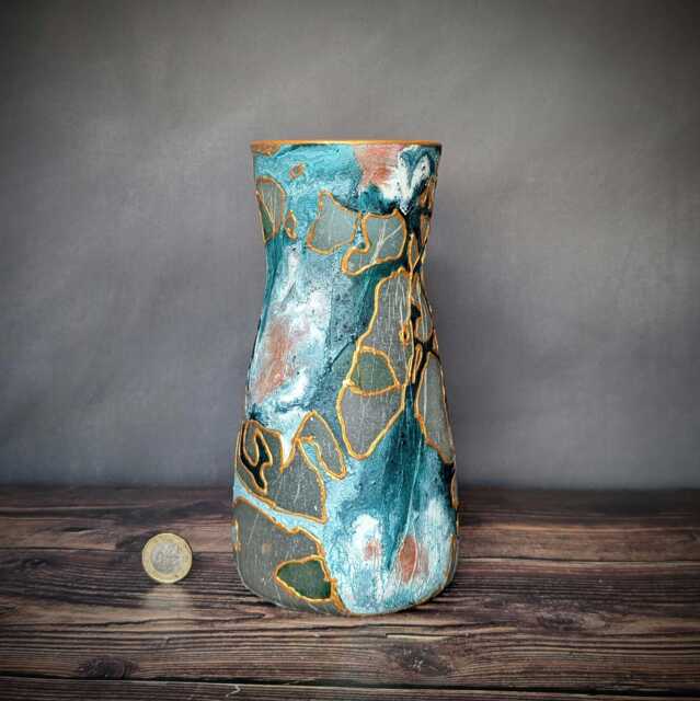 Teal & Gold Hand-Painted Glass Vase - Textured Abstract Art Design Modern Home Decor Gift 20cm/7.9 - image 1
