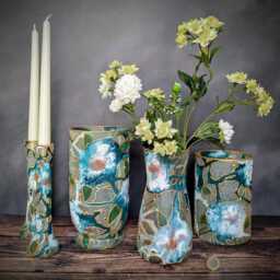 Teal & Gold Hand-Painted Glass Vase - Textured Abstract Art Design Modern Home Decor Gift 20cm/7.9 - thumbnail 3