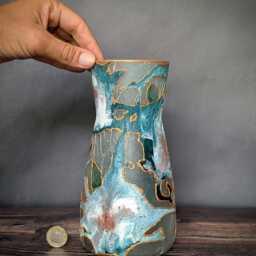 Teal & Gold Hand-Painted Glass Vase - Textured Abstract Art Design Modern Home Decor Gift 20cm/7.9 - thumbnail 2