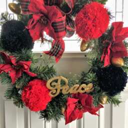 Poinsettia Christmas Wreath Red Pom-Poms & Plaid Ribbon - thumbnail 3