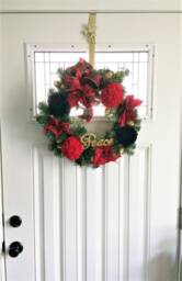 Poinsettia Christmas Wreath Red Pom-Poms & Plaid Ribbon - thumbnail 1