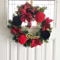 Poinsettia Christmas Wreath Red Pom-Poms & Plaid Ribbon - thumbnail 2