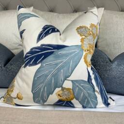 Floral Blue Cushion Cover, Pillow Cover Harlequin Fabric Coppice Saffron/Cobalt 100% Cotton - Double Sided Leaf Trail