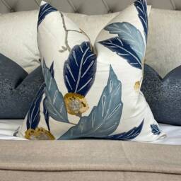 Floral Blue Cushion Cover, Pillow Cover Harlequin Fabric Coppice Saffron/Cobalt 100% Cotton - Double Sided Leaf Trail - thumbnail 2
