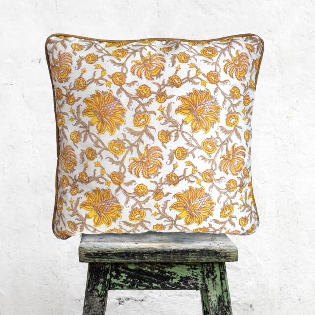 Silk Cushion Covers, Hand Block Print, Floral Yellow Motif, Handloomed Chanderi Silk, 40 X cm/16 Inch, Piping Edge - image 1