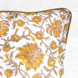 Silk Cushion Covers, Hand Block Print, Floral Yellow Motif, Handloomed Chanderi Silk, 40 X cm/16 Inch, Piping Edge - thumbnail 2