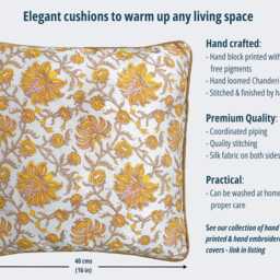 Silk Cushion Covers, Hand Block Print, Floral Yellow Motif, Handloomed Chanderi Silk, 40 X cm/16 Inch, Piping Edge - thumbnail 3