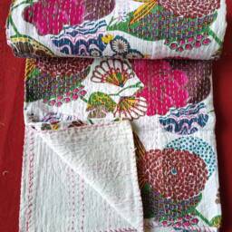 Hand Stitched Floral Kantha Quilt Bohemian Cotton Bedspread - thumbnail 3