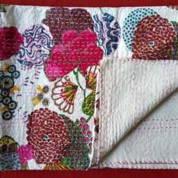 Hand Stitched Floral Kantha Quilt Bohemian Cotton Bedspread - thumbnail 4