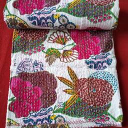 Hand Stitched Floral Kantha Quilt Bohemian Cotton Bedspread - thumbnail 2