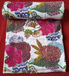 Hand Stitched Floral Kantha Quilt Bohemian Cotton Bedspread - thumbnail 1