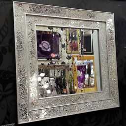 Crackle Glass Mosaic Wall Mirror Square Silver Double Frame Handmade 68x68cm Sparkly Modern Home Interior - thumbnail 3